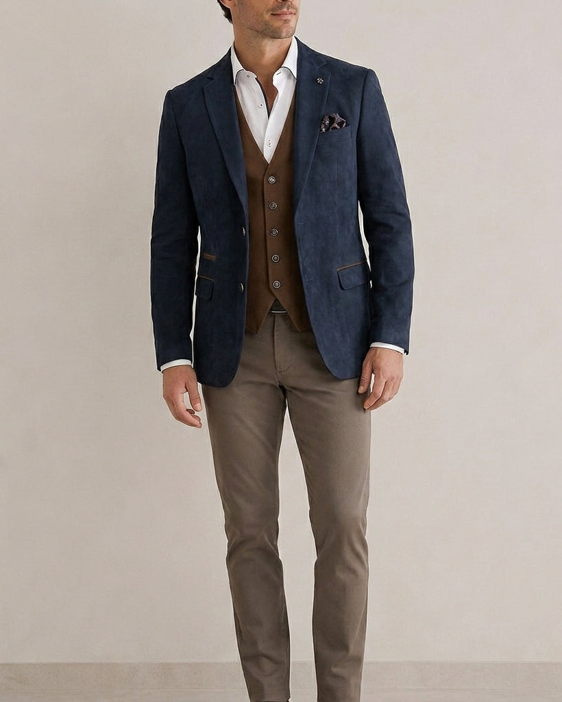 Man wearing a navy blazer, brown vest, and beige pants against a plain background