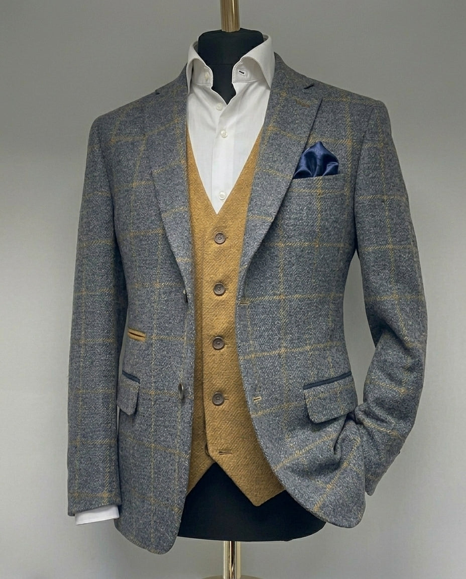 Grey Overcheck Wool Blend Blazer – Regular Fit – Made in Italy