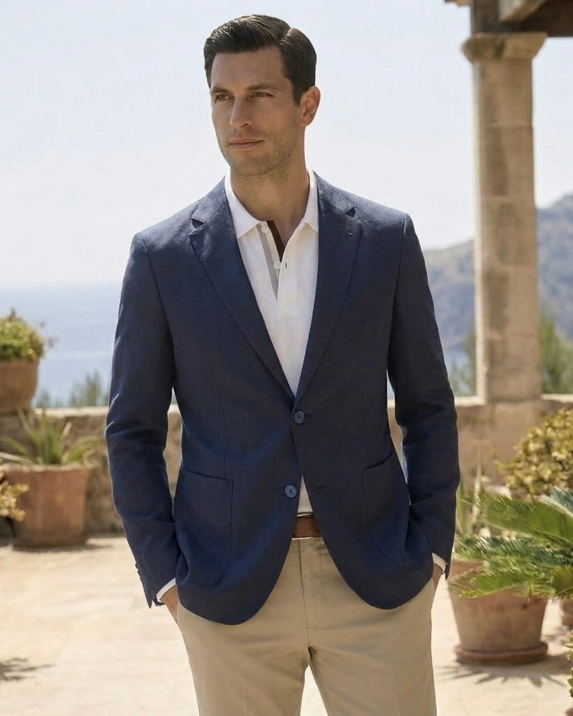Man in a navy blazer and white shirt standing outdoors with mountains in the background