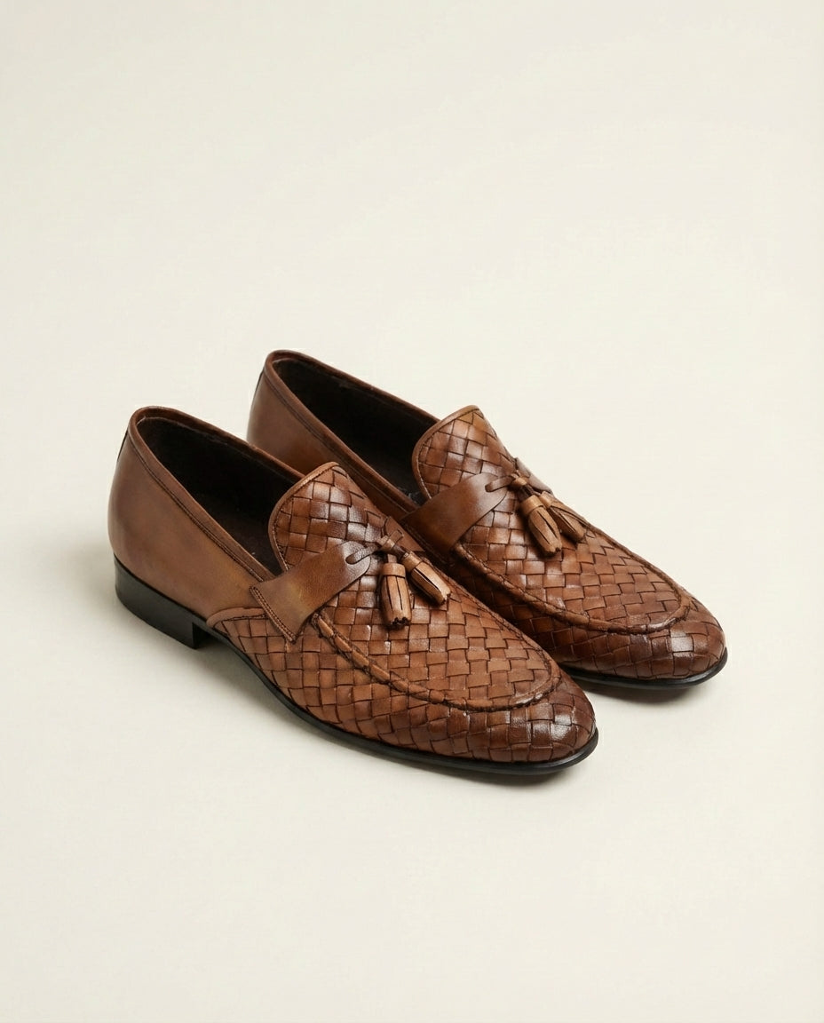 Tan Basket Weave Tassel Loafers