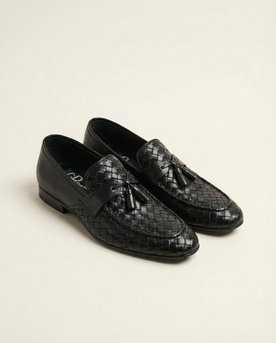 Black Basket Weave Tassel Loafers