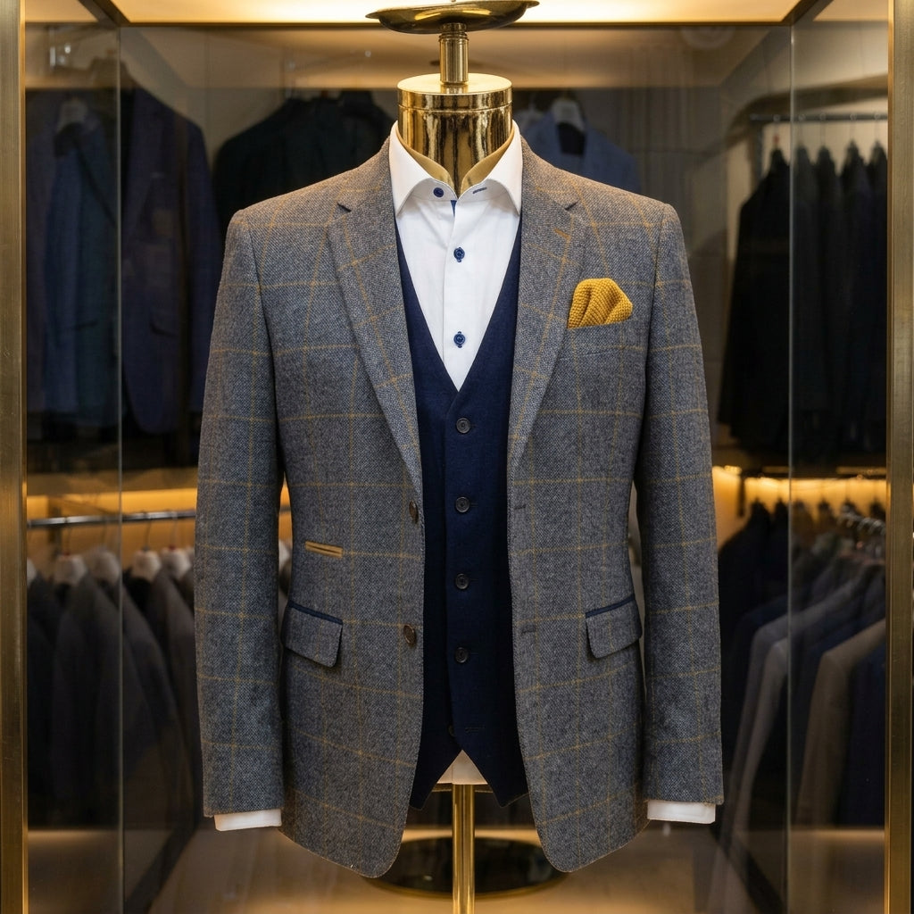 Grey Overcheck Wool Blend Blazer – Regular Fit – Made in Italy