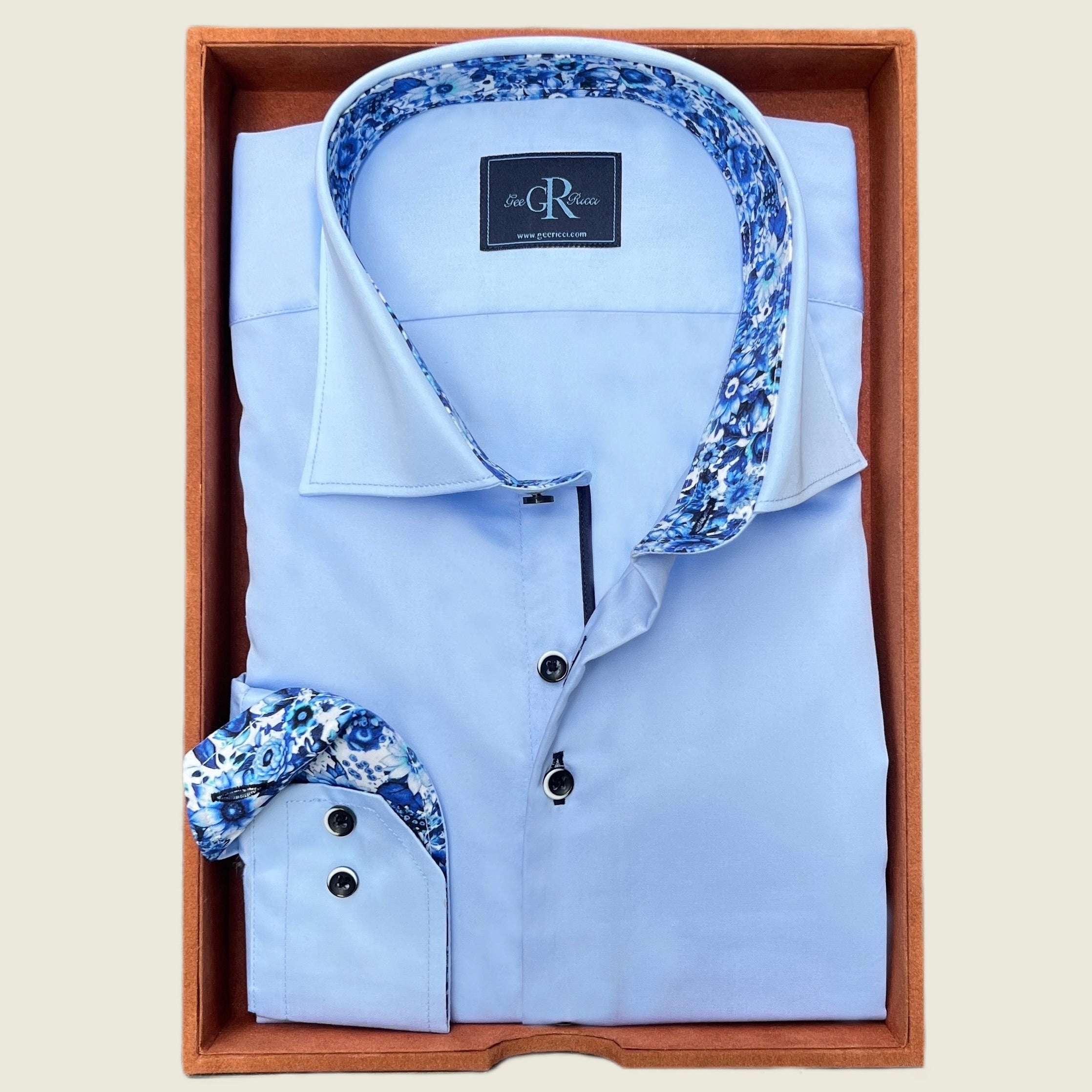 Light Blue cotton long sleeve men’s shirt with concealed button-down collar, available in sizes S - 5XL
