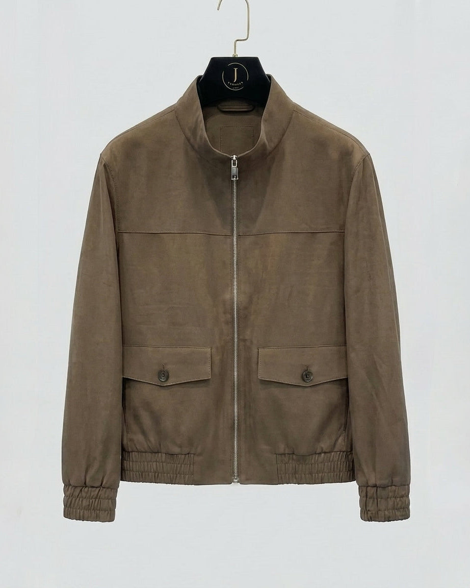 Brown jacket on a hanger against a white background
