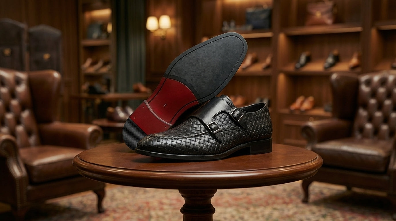 Black Woven Leather Double Monk Strap Shoes