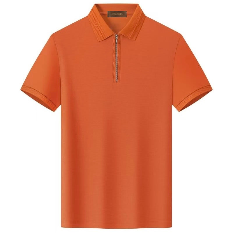 Orange polo shirt with a zipper on a white background