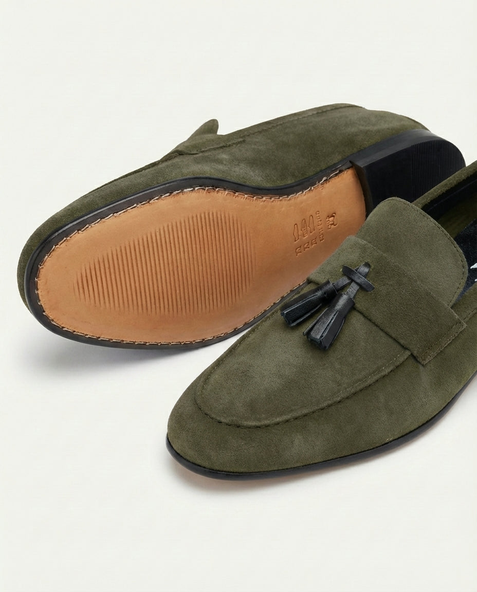 Olive Suede Tassel Loafers