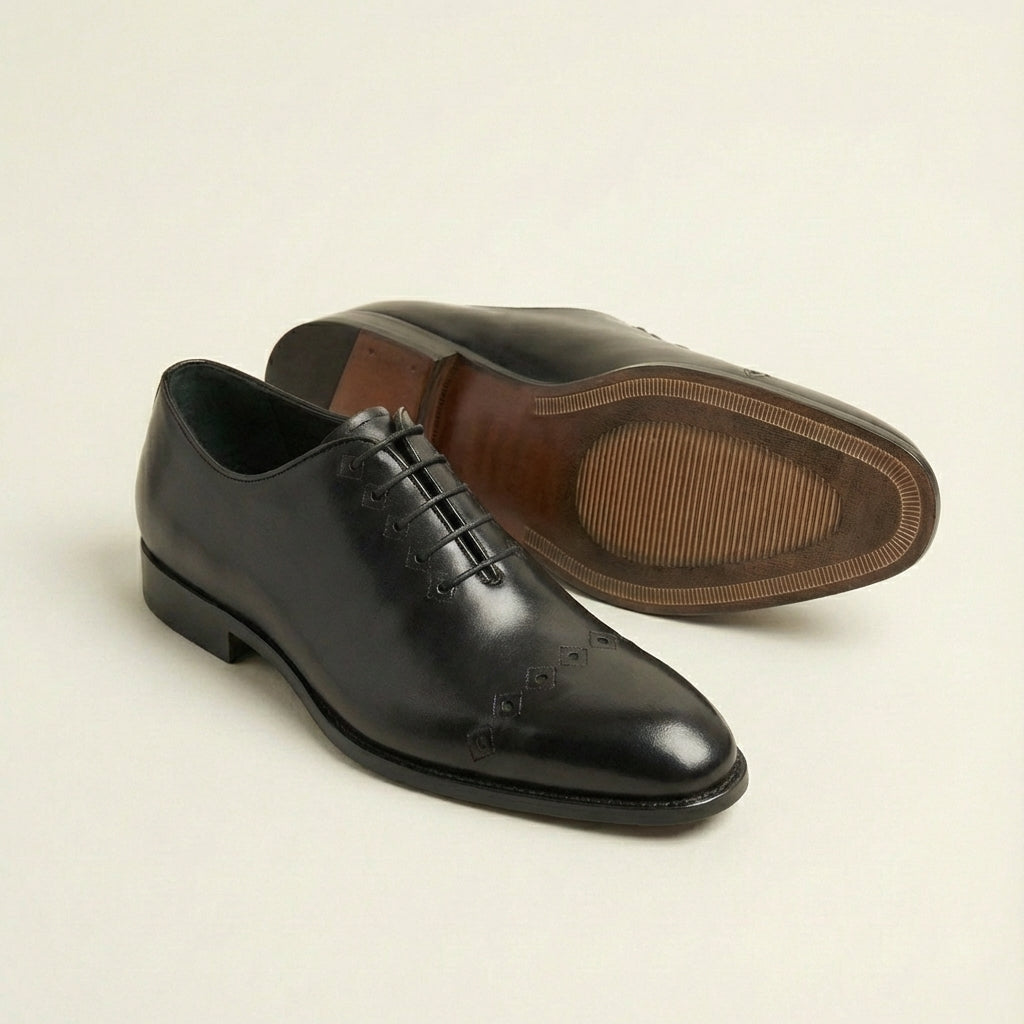 Black Leather Oxford with Diamond Cap Toe