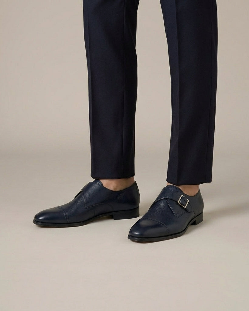 Navy Leather Monk Strap Cap Toe Shoes