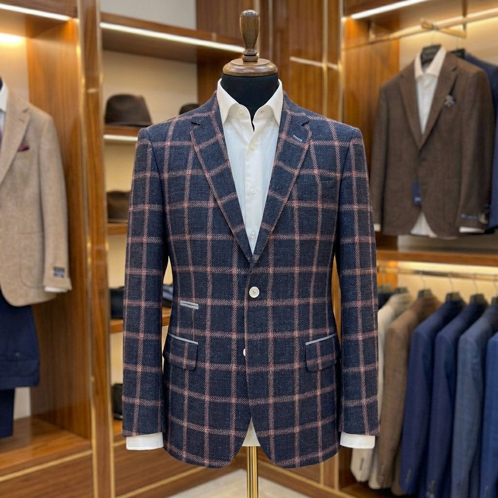 Navy Rose Windowpane Wool Blazer