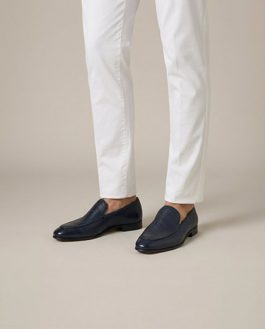 Navy Textured Leather Slip-On Shoes