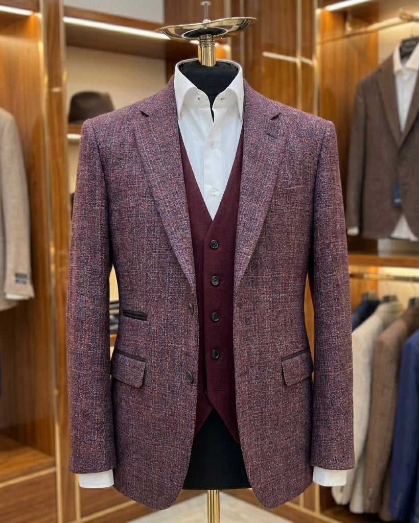 Maroon blazer on a mannequin in a clothing store setting