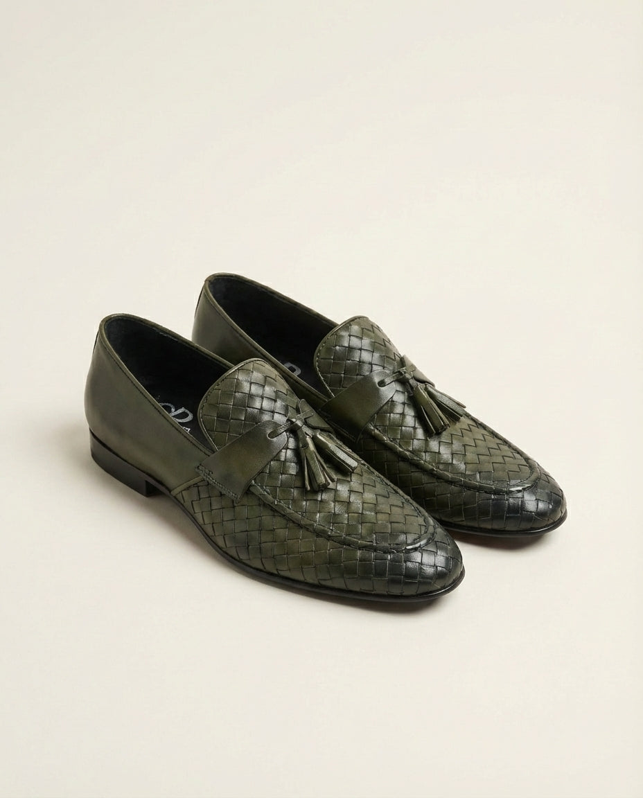 Woven Leather Tassel Loafers in Olive Patina