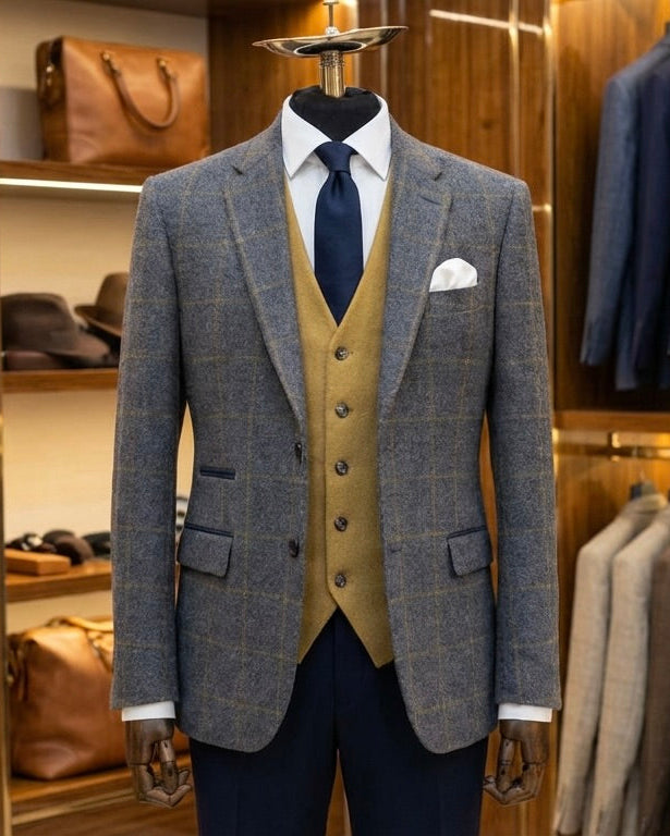 Grey Overcheck Wool Blend Blazer – Regular Fit – Made in Italy