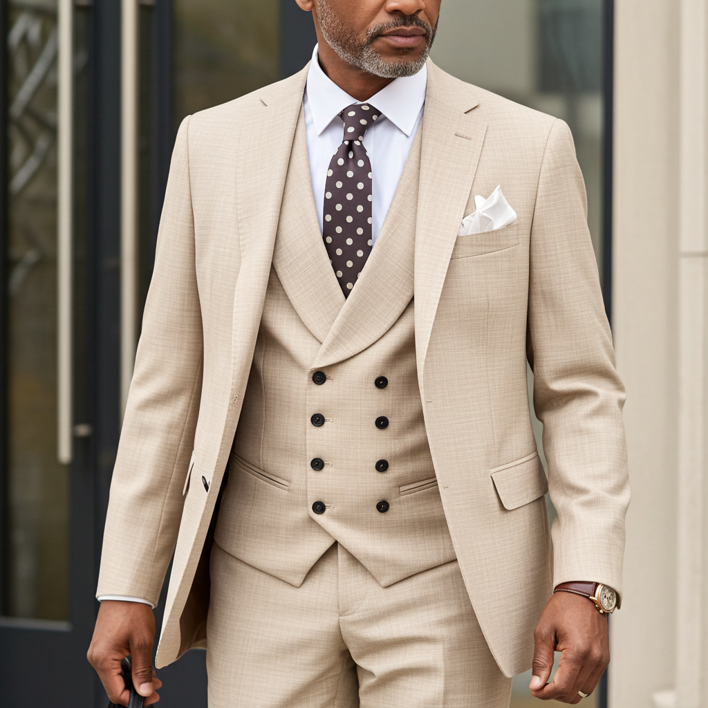 Beige Three-Piece Suit with Double Breasted Waistcoat