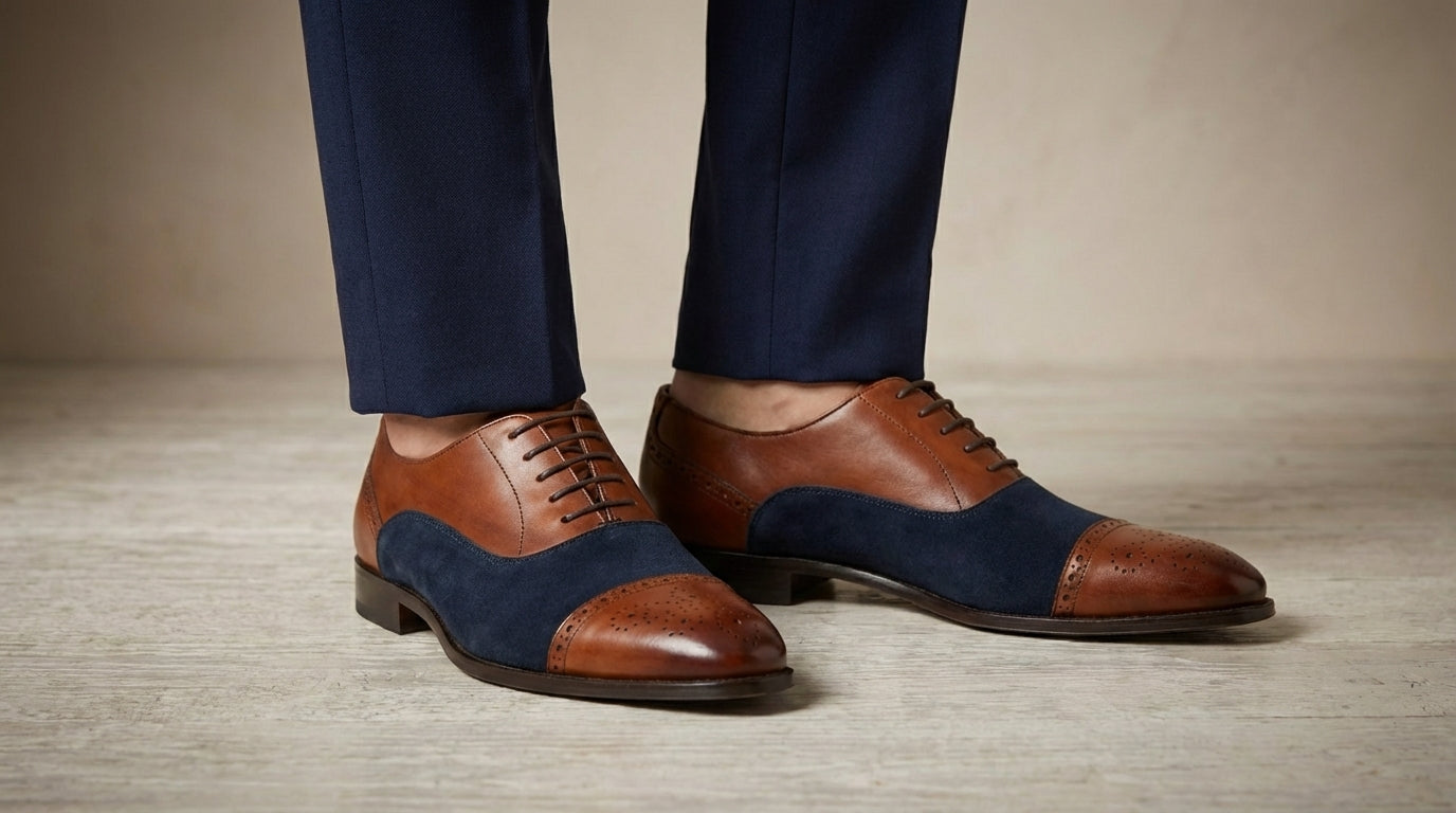 Tan Leather and Navy Suede Cap Toe Oxford