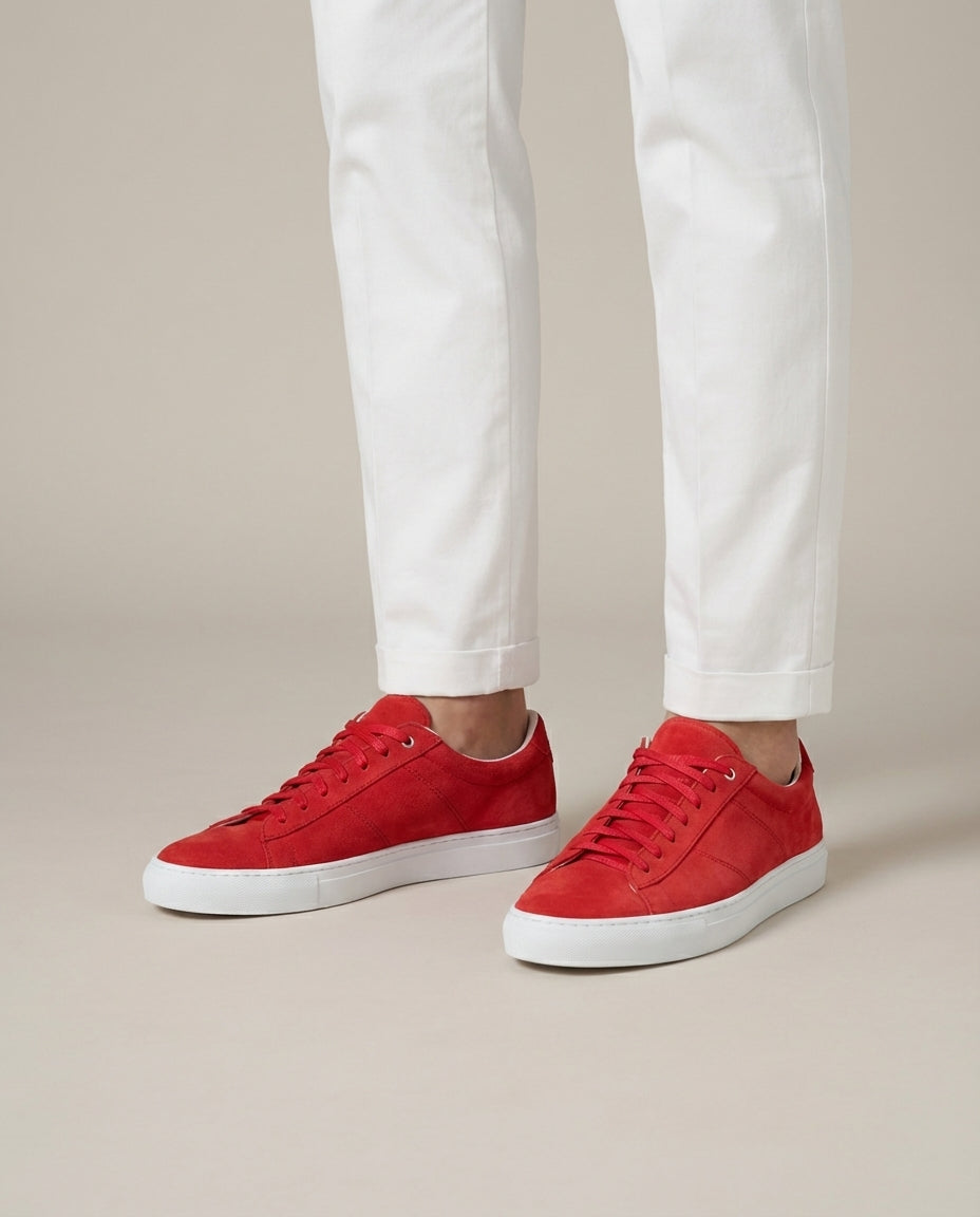 Red Suede Low-Top Sneakers with White Sole