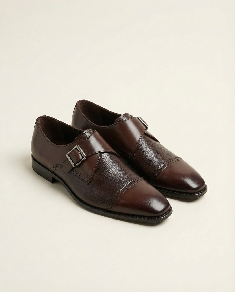 Brown Leather Monk Strap Cap Toe Shoes