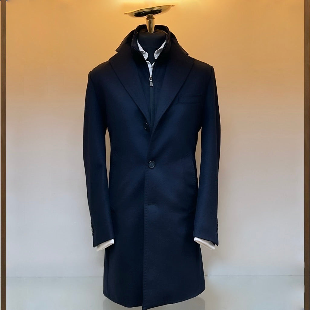 Navy Wool and Cashmere Hybrid Overcoat