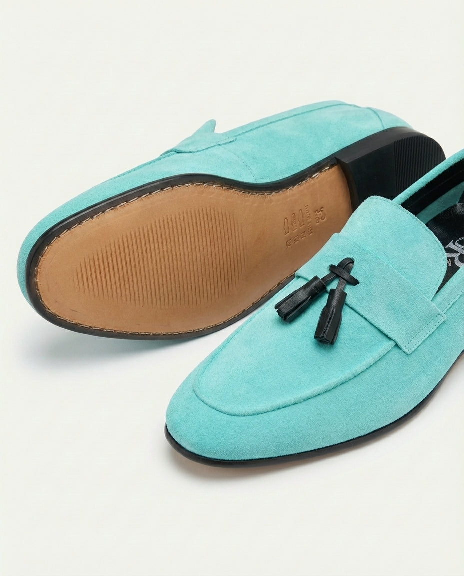 Aqua Suede Tassel Loafers