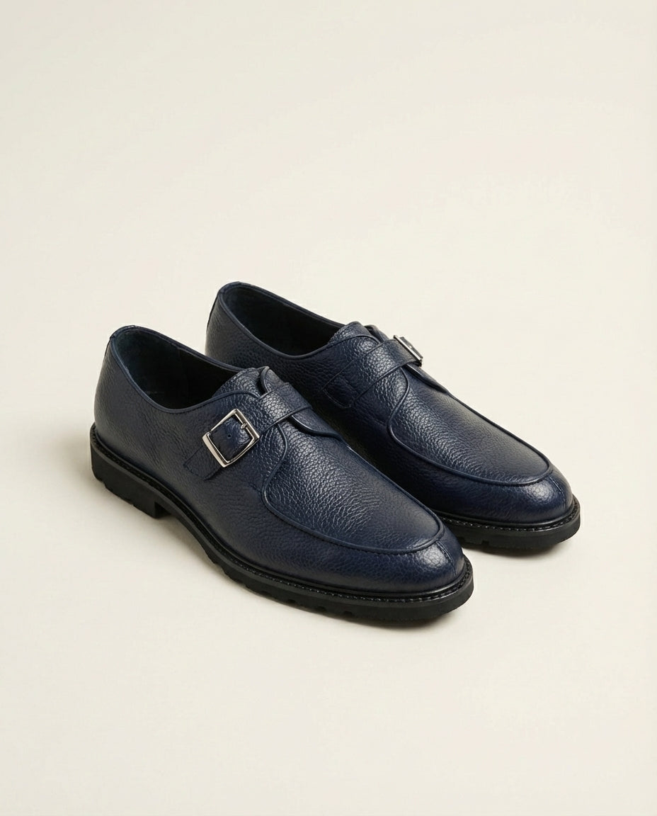 Navy Leather Derby Monk Strap Shoes