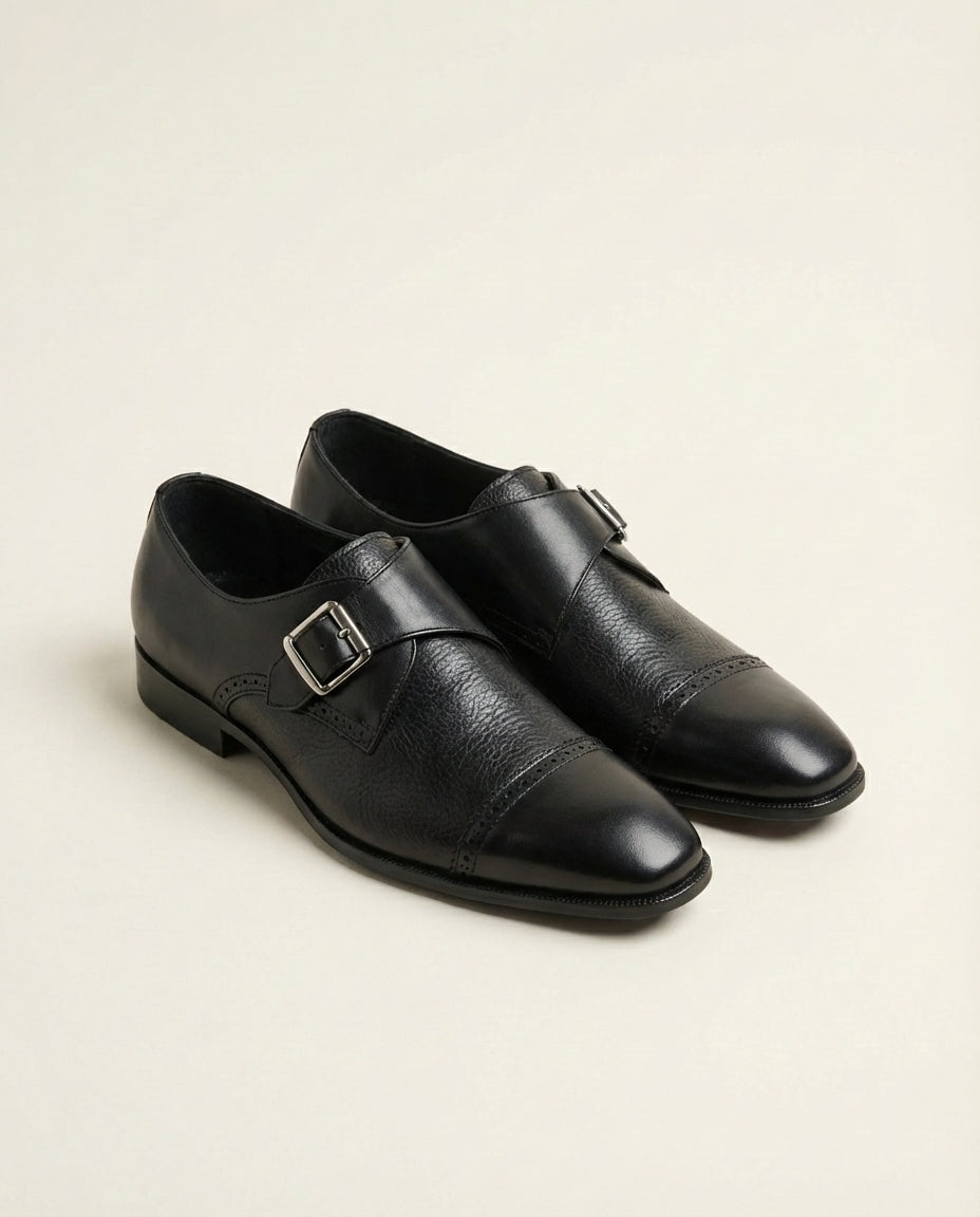Black Leather Monk Strap Cap Toe Shoes