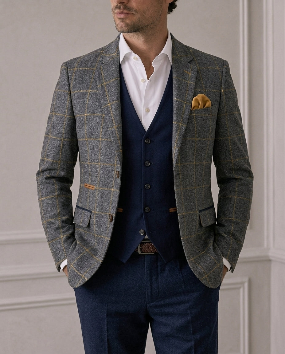 Grey Overcheck Wool Blend Blazer – Regular Fit – Made in Italy
