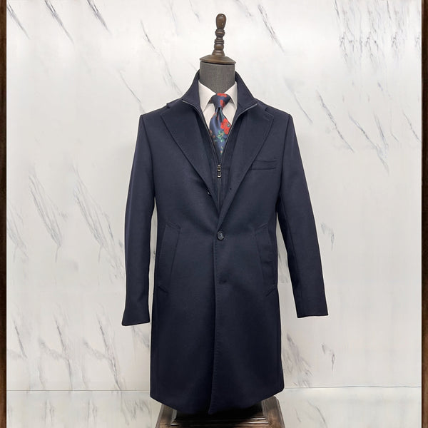 Navy Wool and Cashmere Hybrid Overcoat