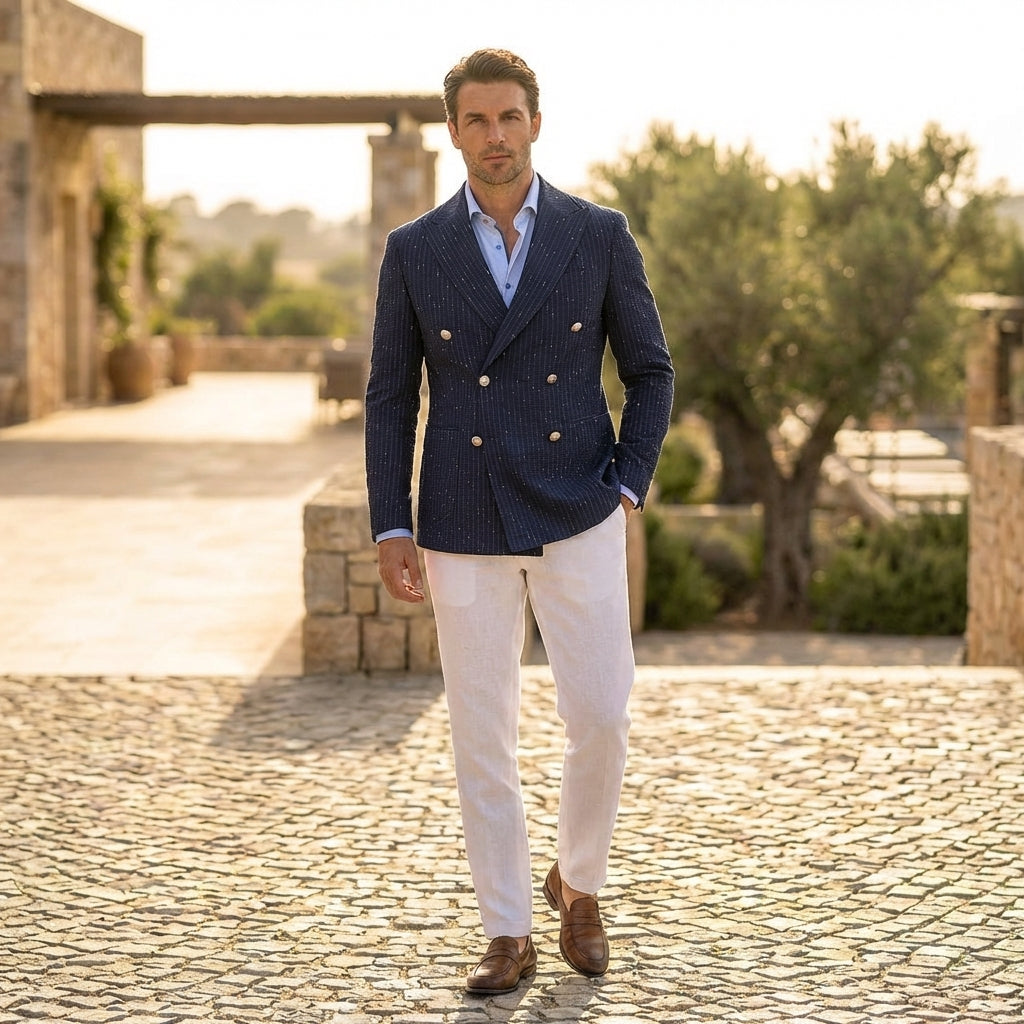 Navy Textured Stripe Double Breasted Blazer