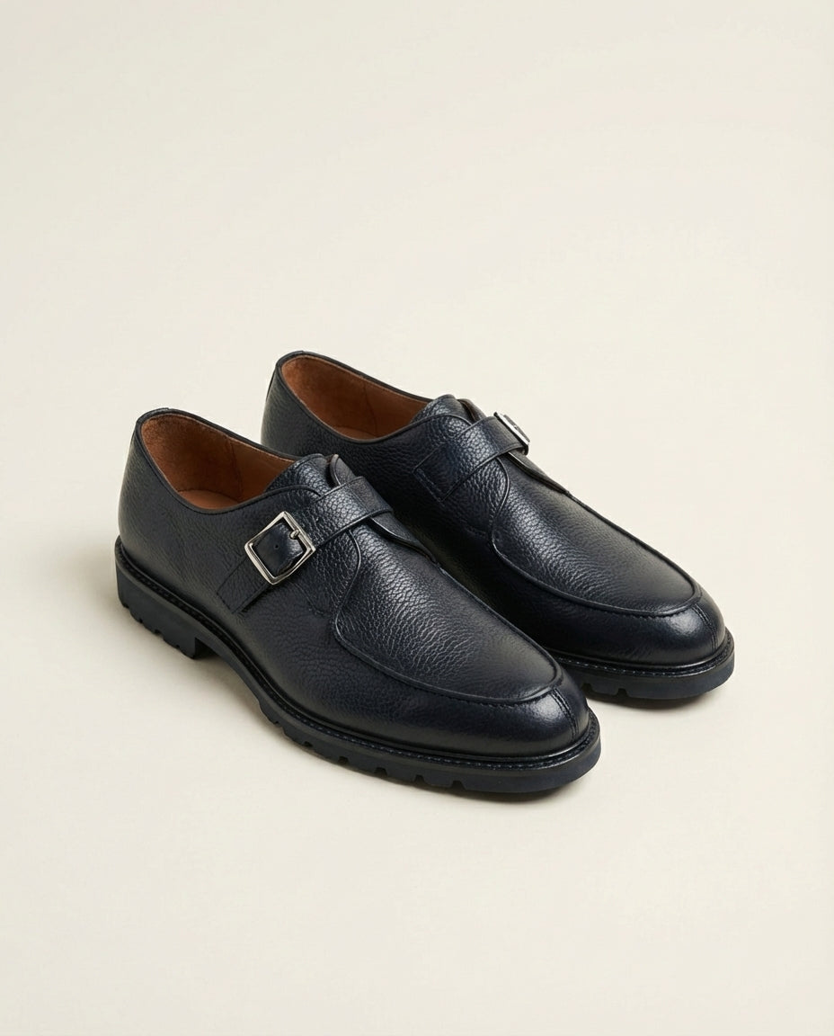 Black Leather Derby Monk Strap Shoes