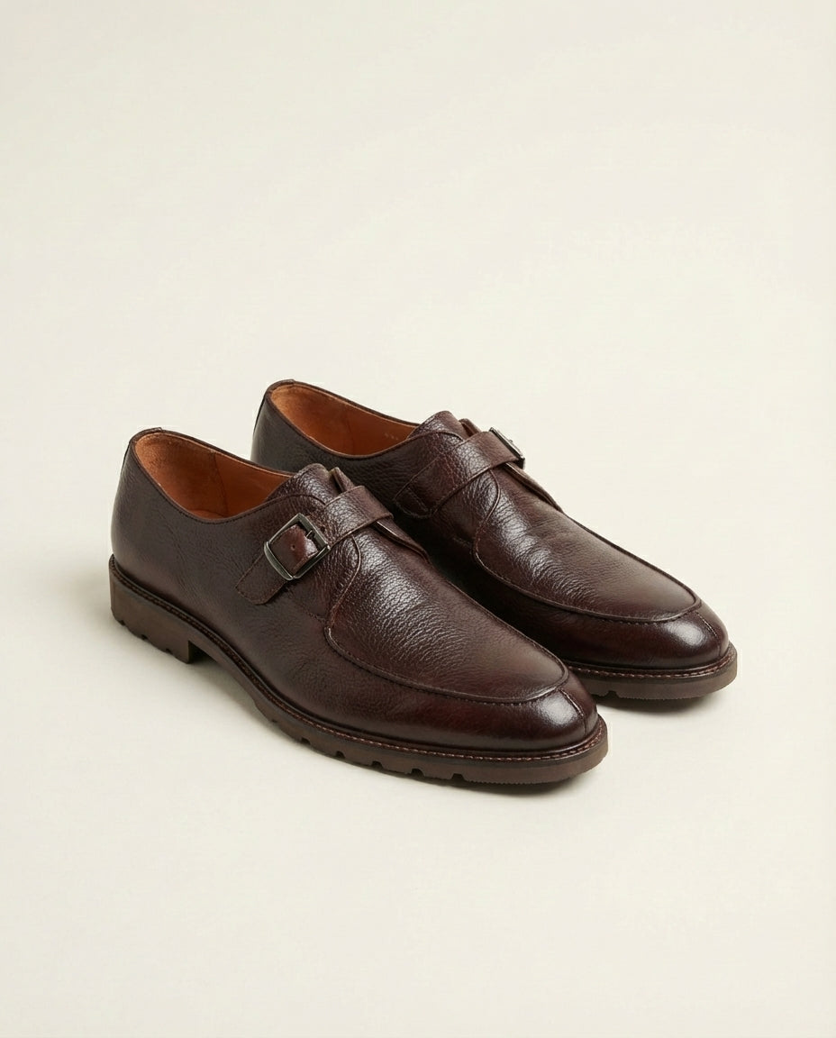 Brown Leather Derby Monk Strap Shoes