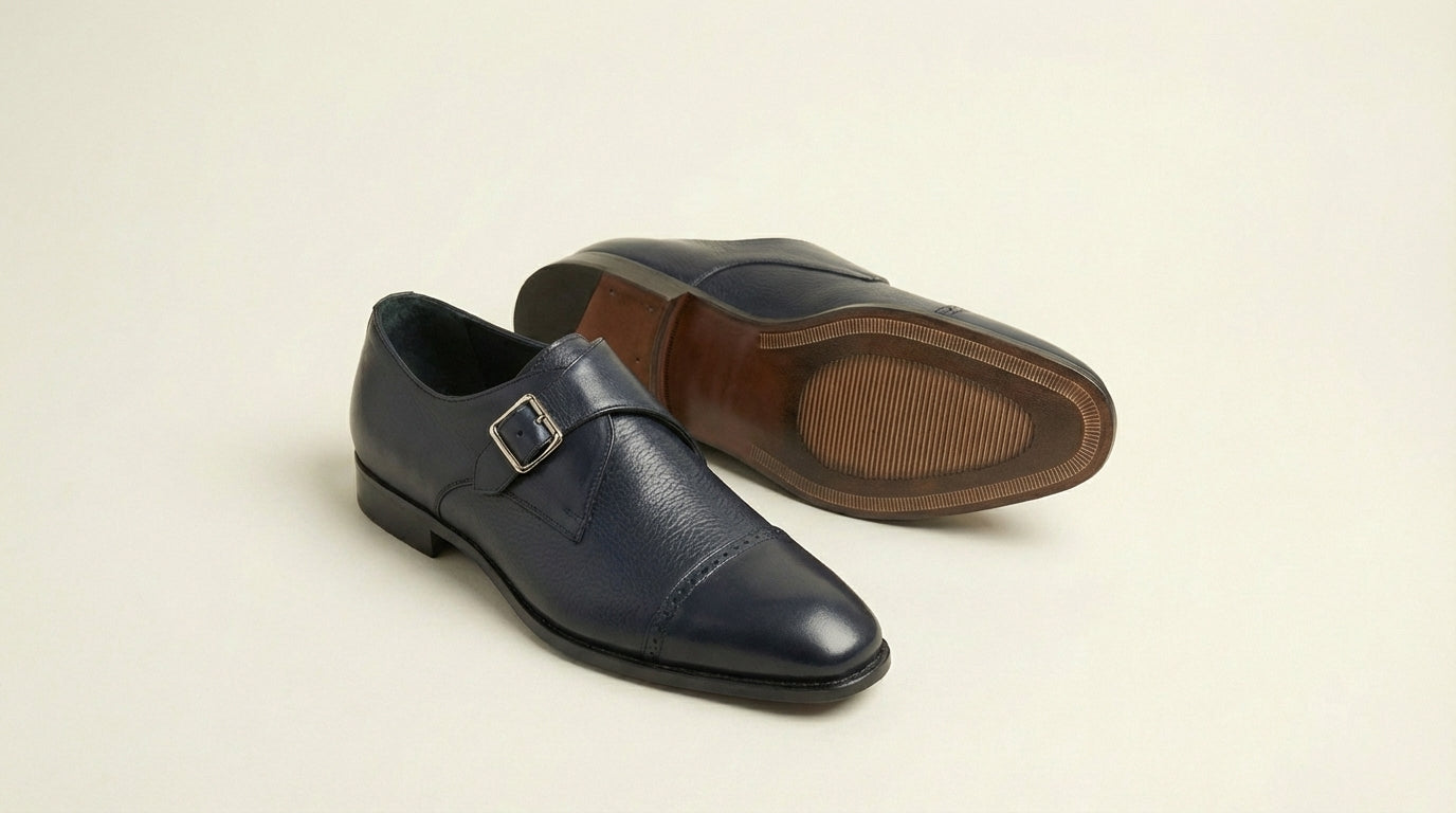 Navy Leather Monk Strap Cap Toe Shoes