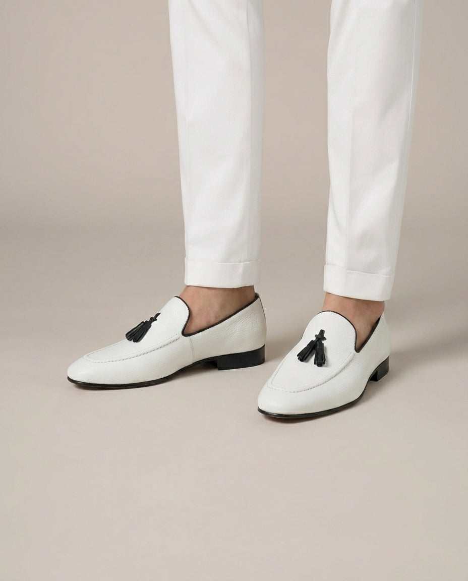 White Leather Tassel Loafers with Black Trim