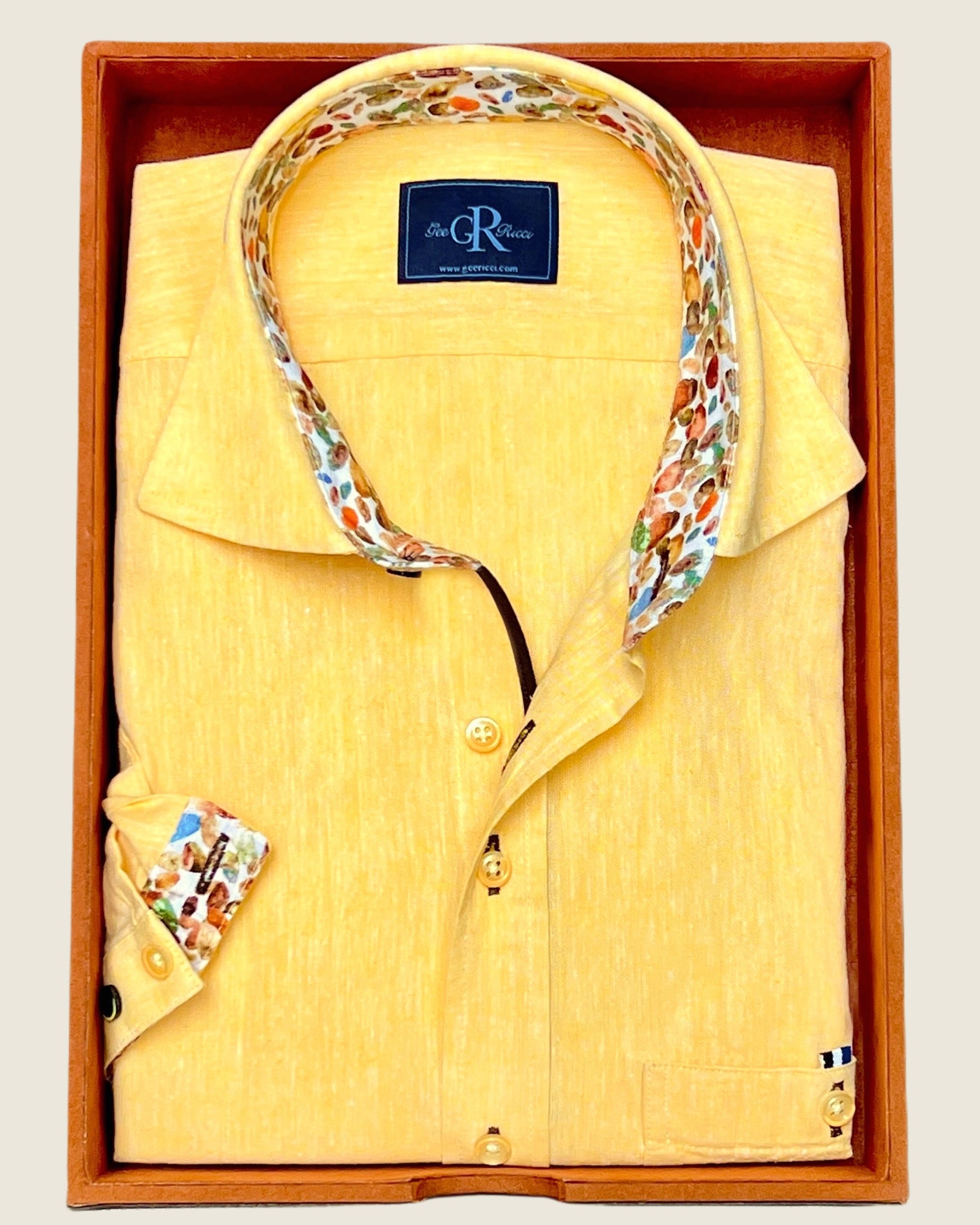 Yellow cotton and linen short sleeve men’s shirt with concealed button-down collar, available in sizes S - 5XL