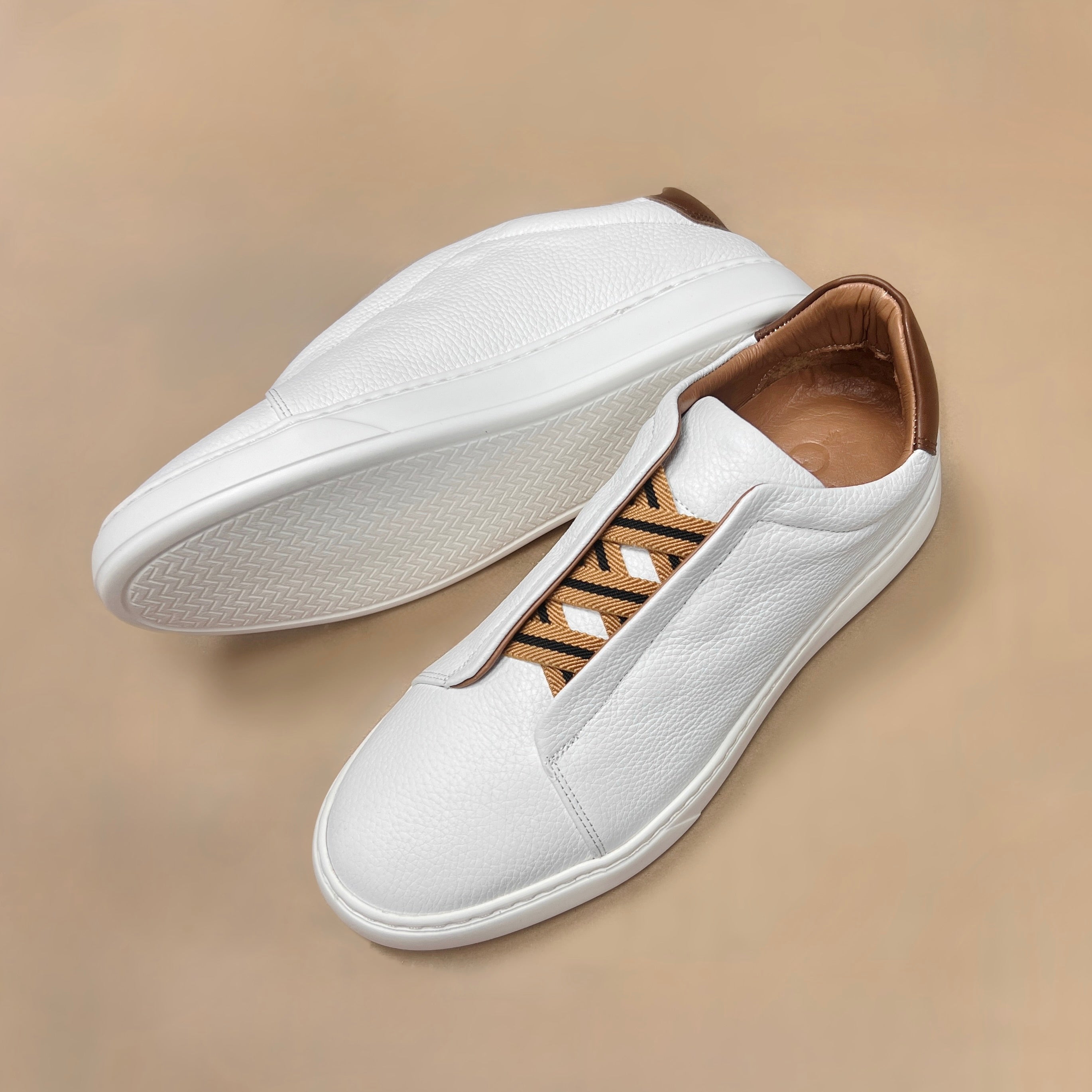 White Deerskin Triple Stitch Sneakers