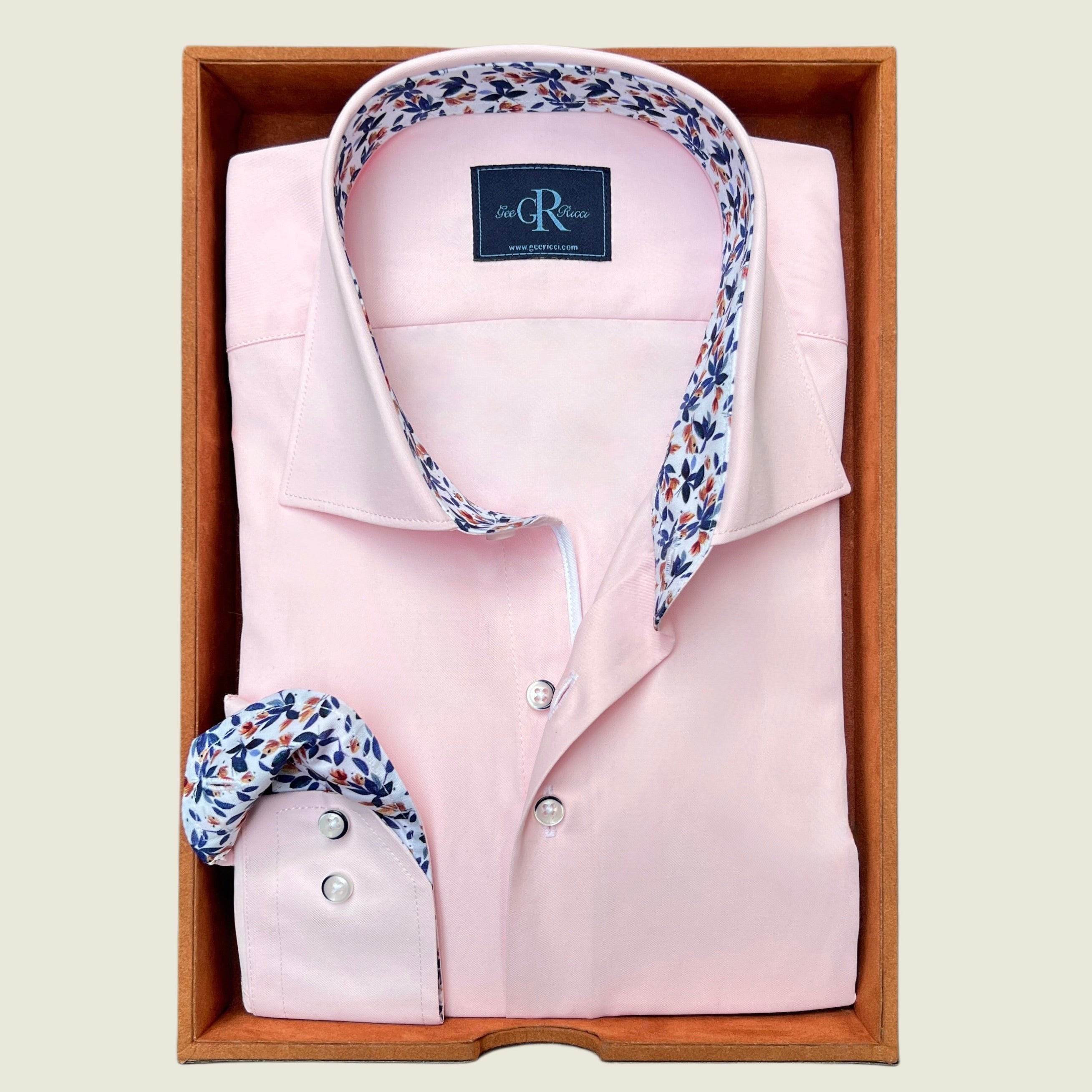 Pink cotton dress shirt with floral collar and cuffs - Gee Ricci
