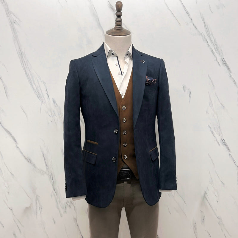 Navy Alcantara Brown trim Blazer