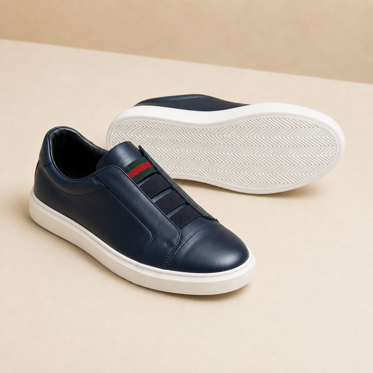 Triple Stripe Leather Trainers – Navy