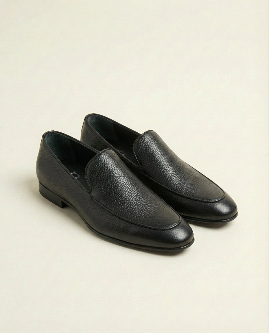 Black Textured Leather Slip-On Shoes