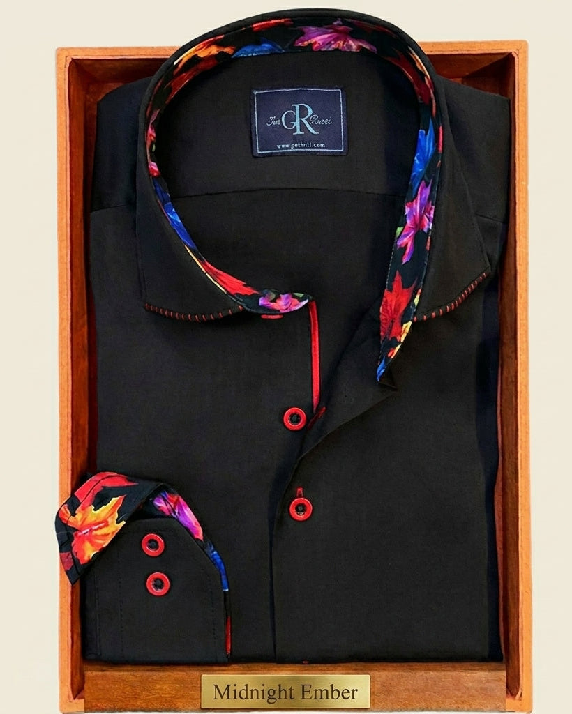 Black shirt with colorful collar and cuffs in a wooden box, featuring a brand label.