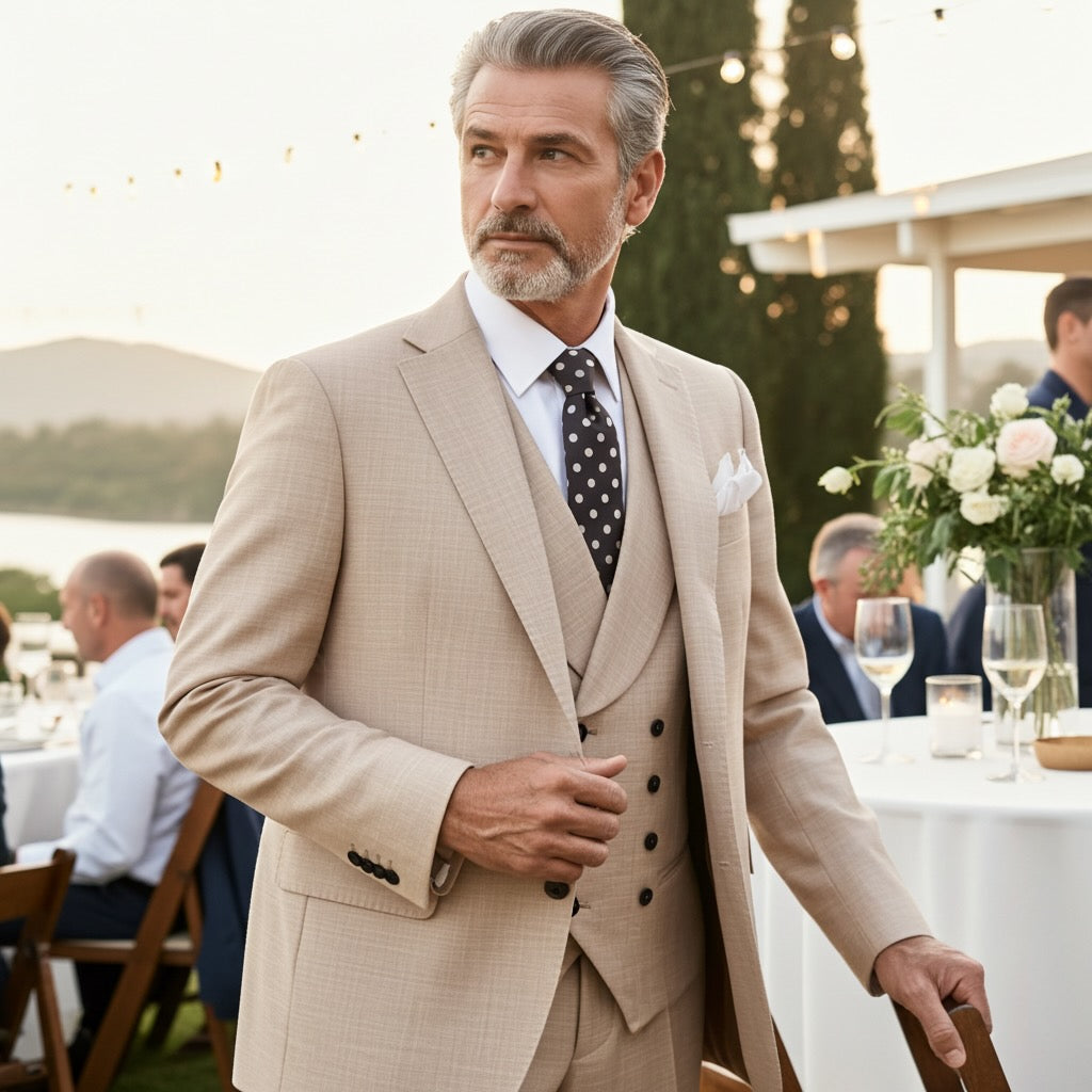 Beige Three-Piece Suit with Double Breasted Waistcoat