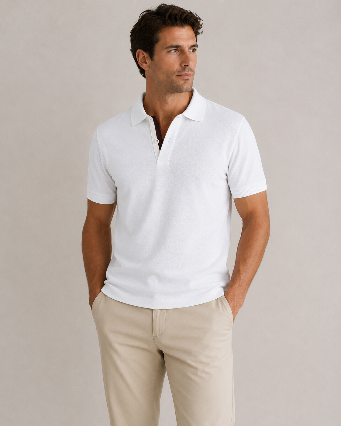 Man wearing a white polo shirt and beige pants against a neutral background