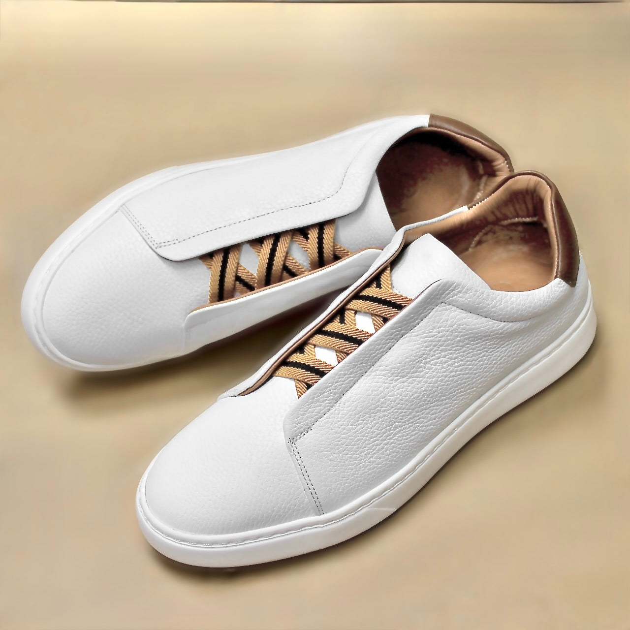 White Deerskin Triple Stitch Sneakers