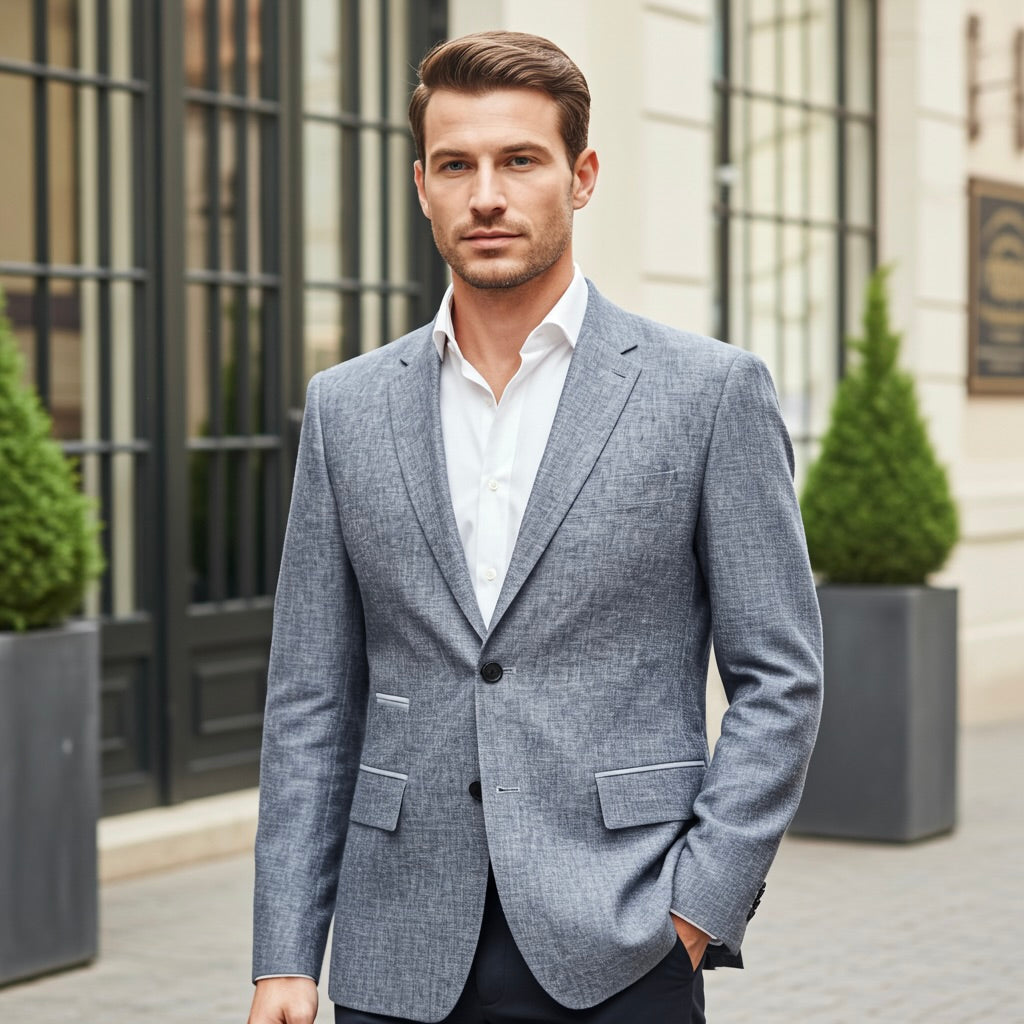 Italian Pure Linen Blazer in Sky Mélange with Contrast Trim
