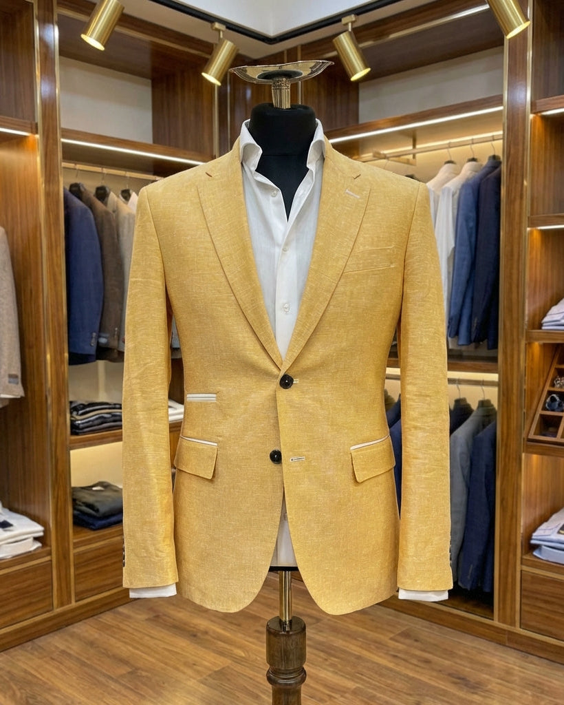 Yellow blazer on a mannequin in a clothing store setting