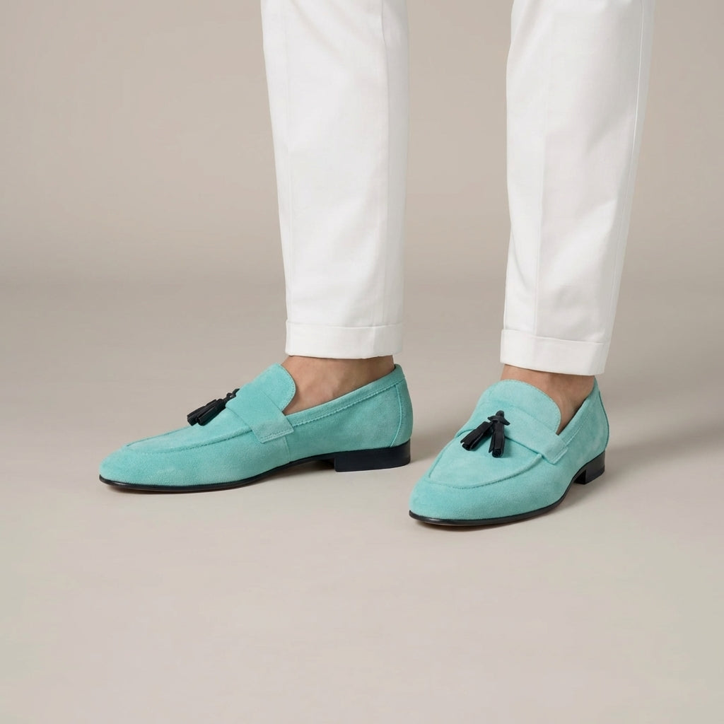 Aqua Suede Tassel Loafers