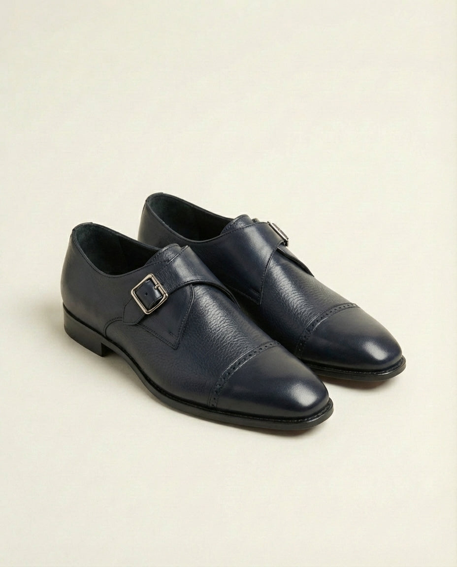 Navy Leather Monk Strap Cap Toe Shoes