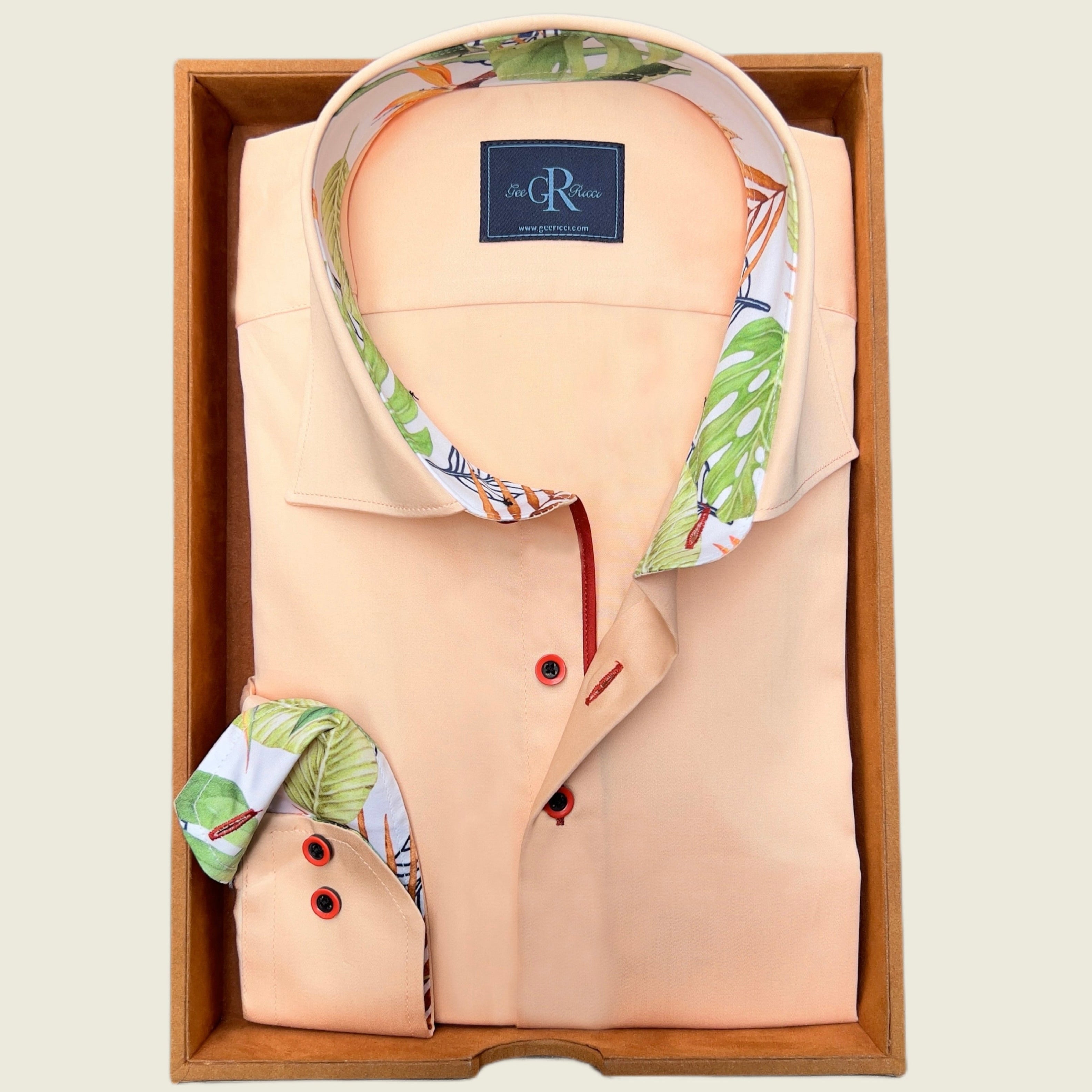 Men’s peach long-sleeve shirt with floral collar and cuffs