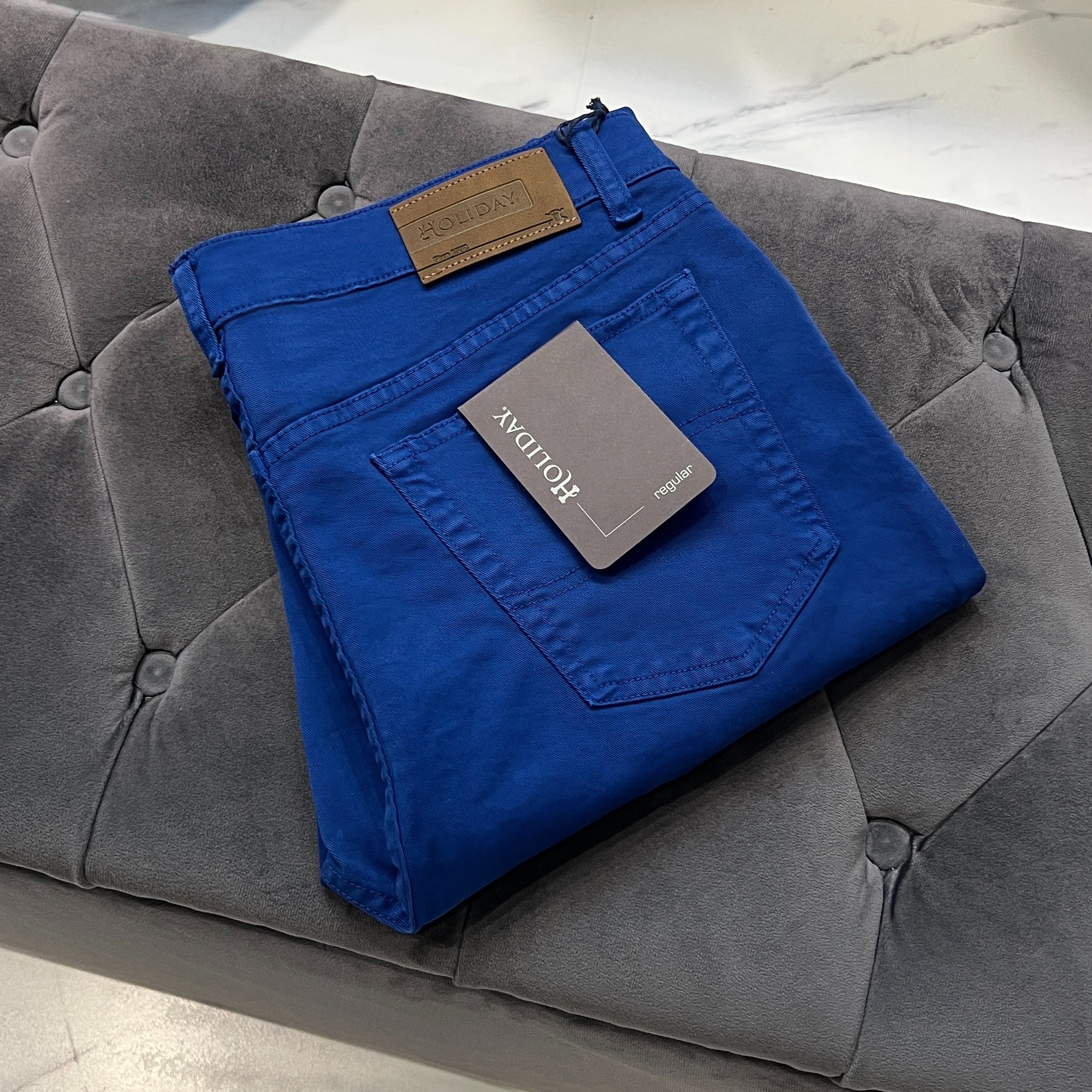 Men’s high waist cobalt blue cotton jeans by Holiday, regular fit, available in waist sizes 30–46 inches and inside leg 30–33 inches