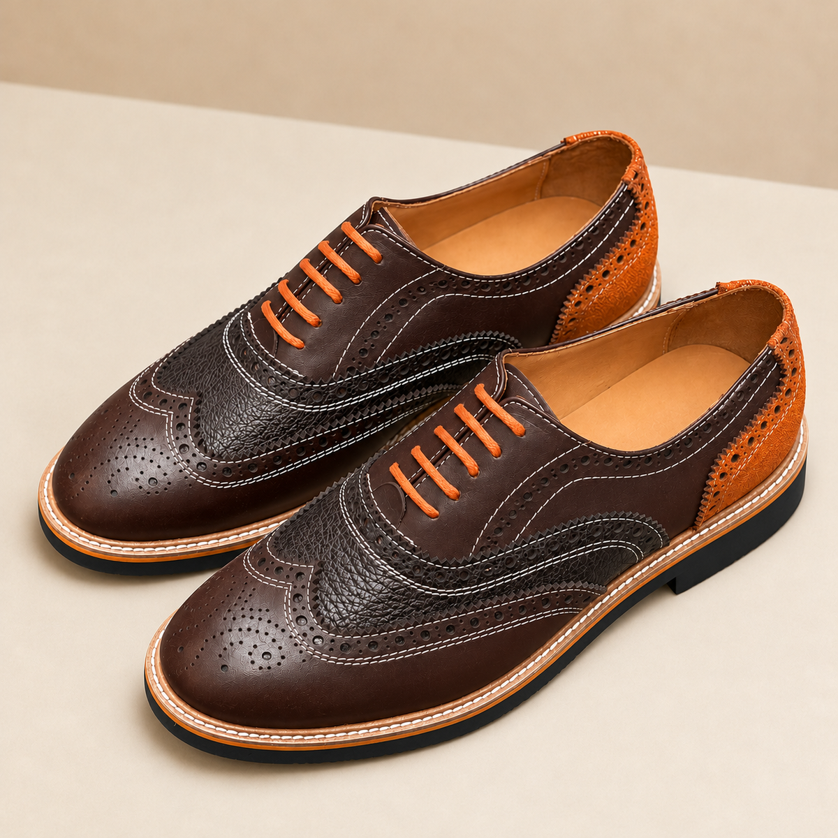 Two-Tone Leather Wingtip Brogues – Chocolate & Cognac